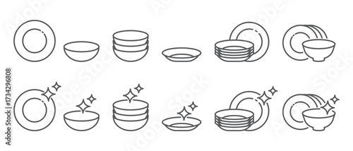 Plates linear icons set isolated on transparent background. Clean plates and dishes outline symbols. Simple vector designs perfect for kitchen, cooking and cleaning themes. Editable Stroke.