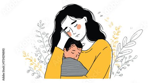 Postpartum Depression Cartoon Illustration: Motherhood Challenges and Mental Health Support