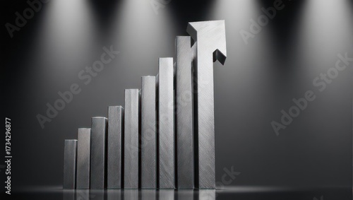 3D Bar Chart Showing Upward Trend with Arrow.