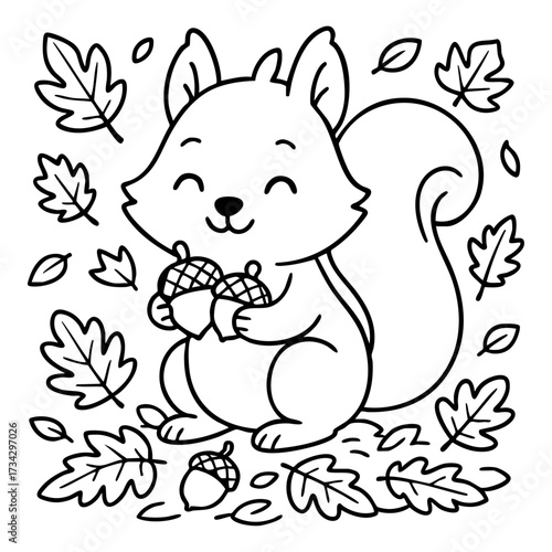 Cute woodland squirrel holding acorns surrounded by autumn leaves. Cozy fall coloring page.