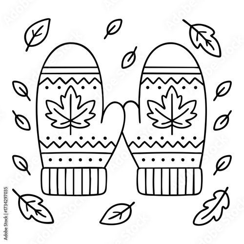 Cozy autumn coloring page with knitted mittens decorated with maple leaves, warm seasonal design.