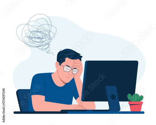 Frustrated Man Working at Computer with Tangled Thoughts Overhead