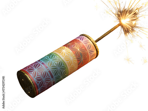 Festive rainbow firecracker decorated with a colorful geometric pattern and a brightly lit fuse isolated on transparent background