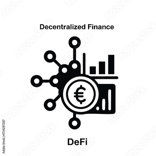 Conceptual representation of decentralized finance with digital currency symbols, network nodes, and financial growth charts