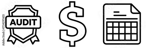 Vector icon sheet with audit badge dollar sign invoice and spreadsheet symbols