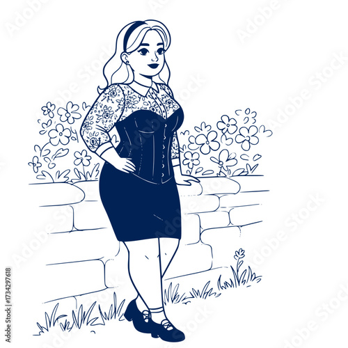 Plus-size woman standing near a stone wall with flowers in spring  