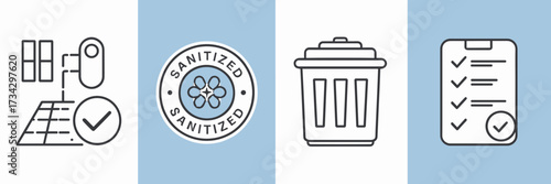 Vector icon sheet for janitorial branding with clean floor badge bin and checklist