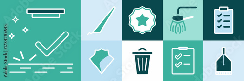 Vector icon sheet for janitorial branding with floor badge bin and checklist