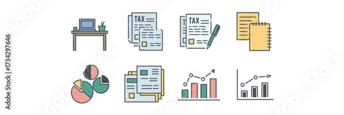 Vector icon sheet with office desk tax forms balance sheets and planning charts
