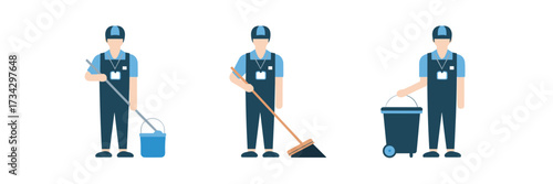 Vector icon sheet with janitor mop broom dustpan and trash can