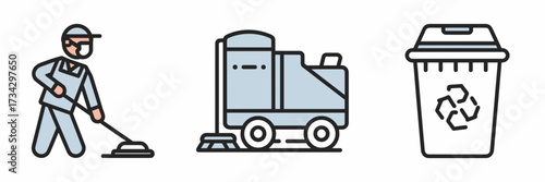 Vector icon sheet with janitor cleaning machine and waste disposal bin
