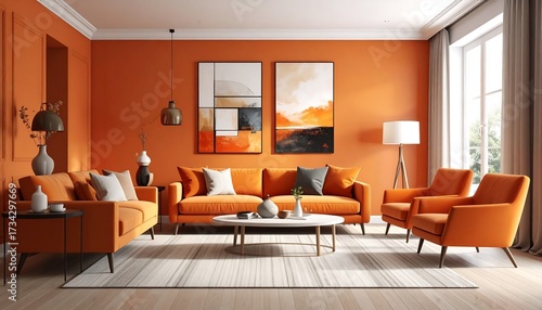 Modern, vibrant living room with orange walls, sofa, armchairs, artworks, coffee table, rug, and natural light