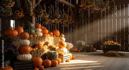 Autumnal barn display of pumpkins and gourds, seasonal harvest scene.