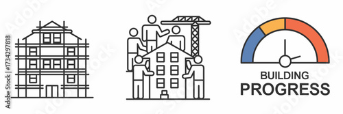 Vector icon sheet of building progress with scaffolding and workers