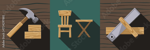 Vector icon sheet with hammer, chair, table, and saw woodworking icons