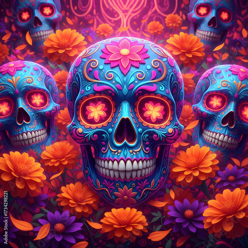 Colorful sugar skulls surrounded by vibrant flowers on dark background  