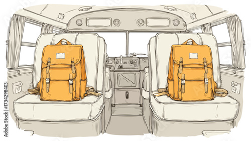 Spotless School Bus Interior Featuring Two Backpacks - Educational Transport Design