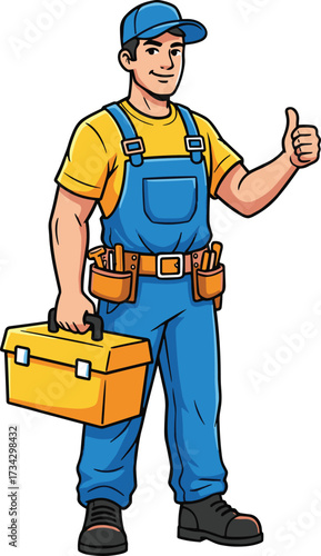 Cartoon handyman character in blue overalls holding toolbox and giving thumbs up, professional technician illustration for construction and repair concepts
