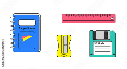 Retro School Supplies: Trapper Keeper, Ruler, Sharpener, Floppy Disk