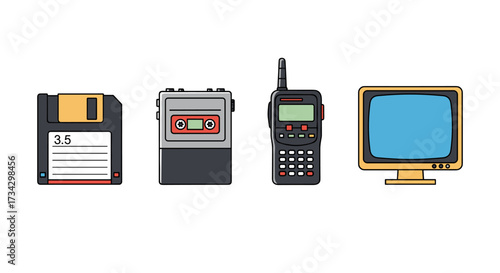 80s Retro Tech Icons: Floppy Disk, Walkman, Pager, CRT Monitor