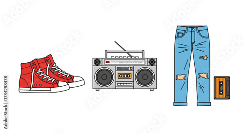 80s Retro Street Fashion Essentials: Sneakers, Boombox, Jeans, Cassette
