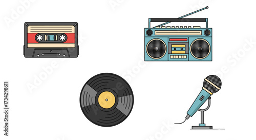 80s Retro Music Icons: Cassette, Boombox, Vinyl, Microphone