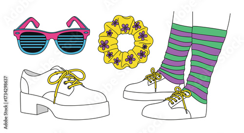 80s Retro Fashion Accessories: Sunglasses, Scrunchie, Leg Warmers, Shoes