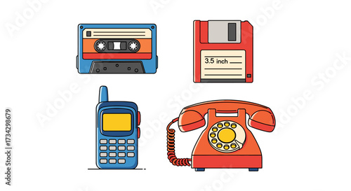 Retro Technology Icons: Cassette, Floppy Disk, Pager, Rotary Phone
