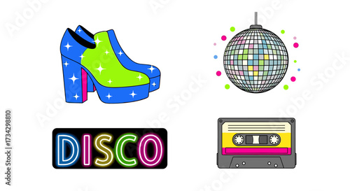 80s Disco Night Icons: Platform Shoes, Disco Ball, Cassette Tape