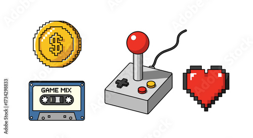 Retro pixel game icons: coin, joystick, cassette, and heart