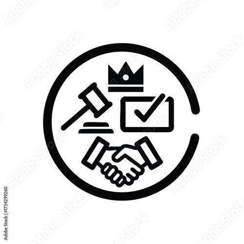 Symbolic representation of legal and contractual agreement with a gavel, checkmark, crown, and handshake icons in a circular design