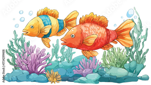 Vibrant Cartoon Tropical Fish Swimming Amidst Beautiful Corals