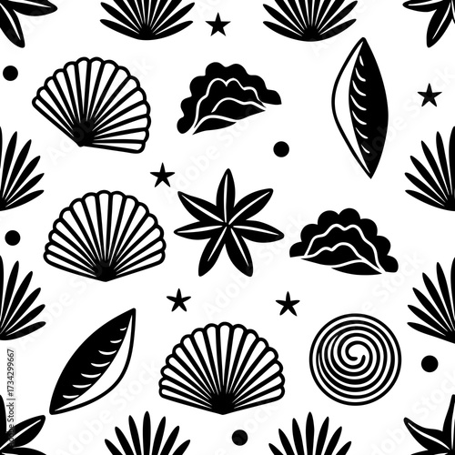 Wallpaper Mural Black and White Tropical Beach Pattern With Seashells And Stars Torontodigital.ca