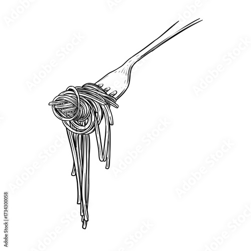 spaghetti on fork vector line art hand drawn illustration