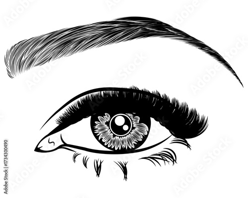 Illustration with woman's eye, eyelashes and eyebrow. Makeup Look. Tattoo design. Logo for brow bar or lash salon.