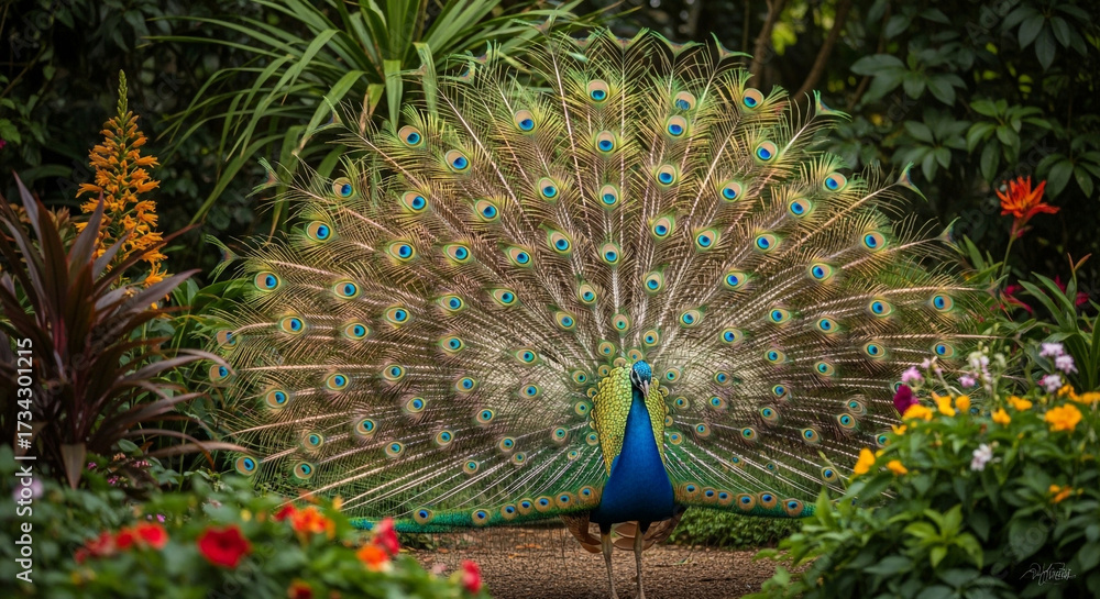 Obraz premium Majestic peacock proudly displays its iridescent, eye-spotted train amidst lush botanical garden foliage and vibrant blooming flowers