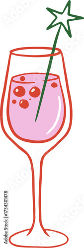 Hand-drawn champagne glass with cherry - Christmas cocktail party drawings series