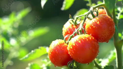 Close up of ripe red cherry tomatoes with water droplets on a vine.