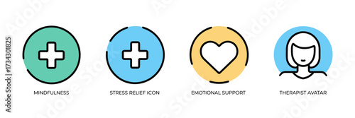Vector icon sheet for psychology branding with mindfulness, stress relief, emotional support, and therapist avatar