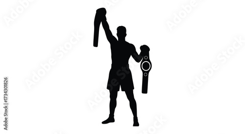 A victorious boxer raising championship belts above his head silhouette