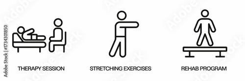 Vector icon sheet with therapy session stretching exercise and rehab program on white background