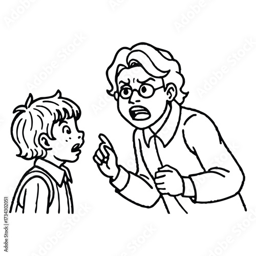 Teacher scolding frightened young student
