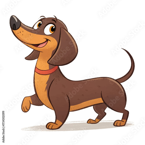 Whimsical vector drawing of a Dachshund dog, side angle full body, gentle shading, cheerful demeanor, capturing the breed’s energetic and affectionate nature.