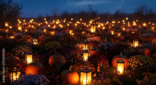 Grave Decorations with Lanterns and Pumpkins at Dusk.