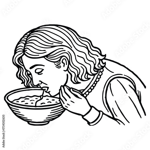 Woman vomiting inside small bowl