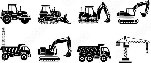 List of construction vehicles, tractors, and heavy machinery icons. Sideview artwork of construction and industrial vehicles, road roller, bulldozer, backhoe, excavator, dump truck, and crane.