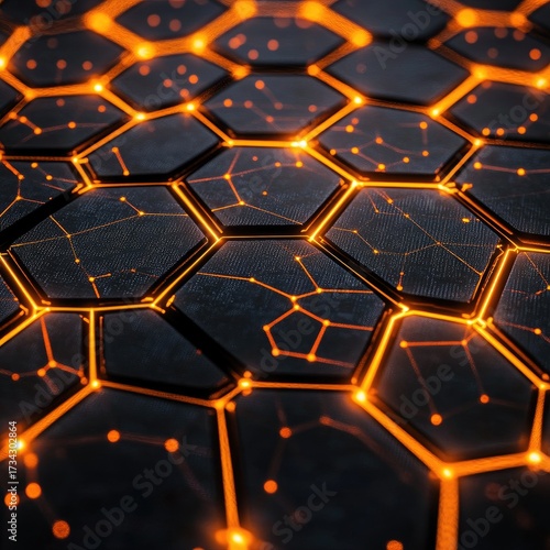 Honeycomb pattern; dark tiles, bright orange glowing lines