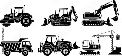 List of construction vehicles, tractors, and heavy machinery icons. Sideview artwork of construction and industrial vehicles, road roller, bulldozer, backhoe, excavator, dump truck, and crane.