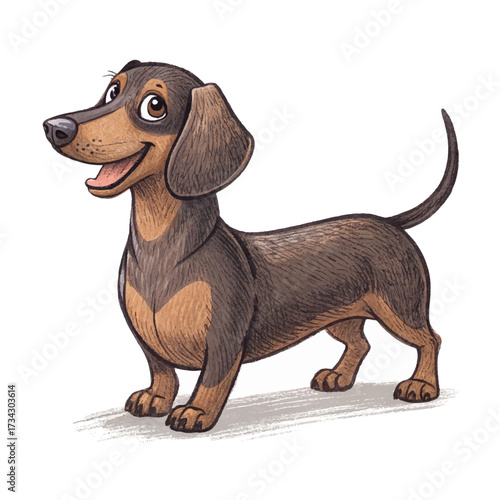 Cartoon-style full body illustration of a Dachshund dog in side view, soft shading, friendly expression, highlighting its playful and lively personality.