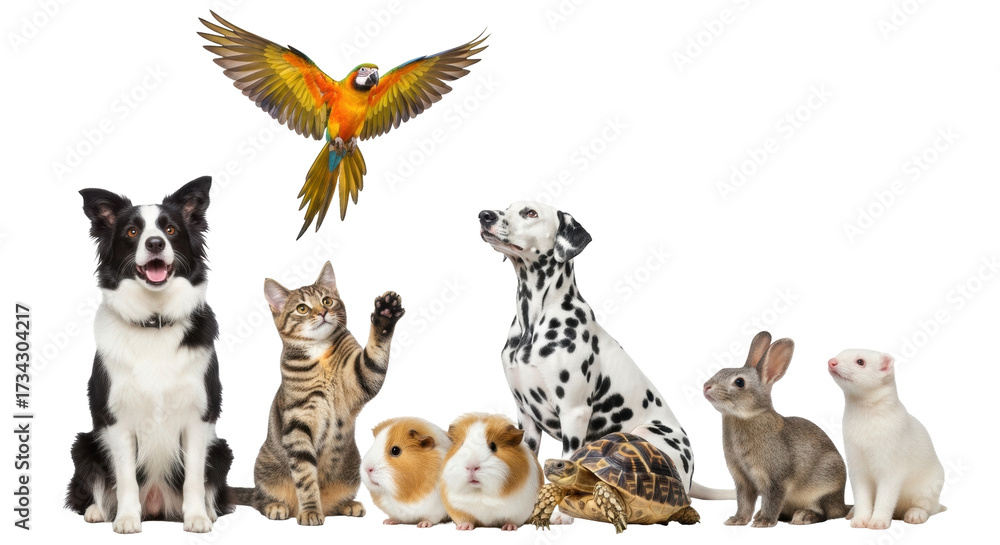 Fototapeta premium Isolated Group of diverse pets sitting together looking at the camera, companion animals